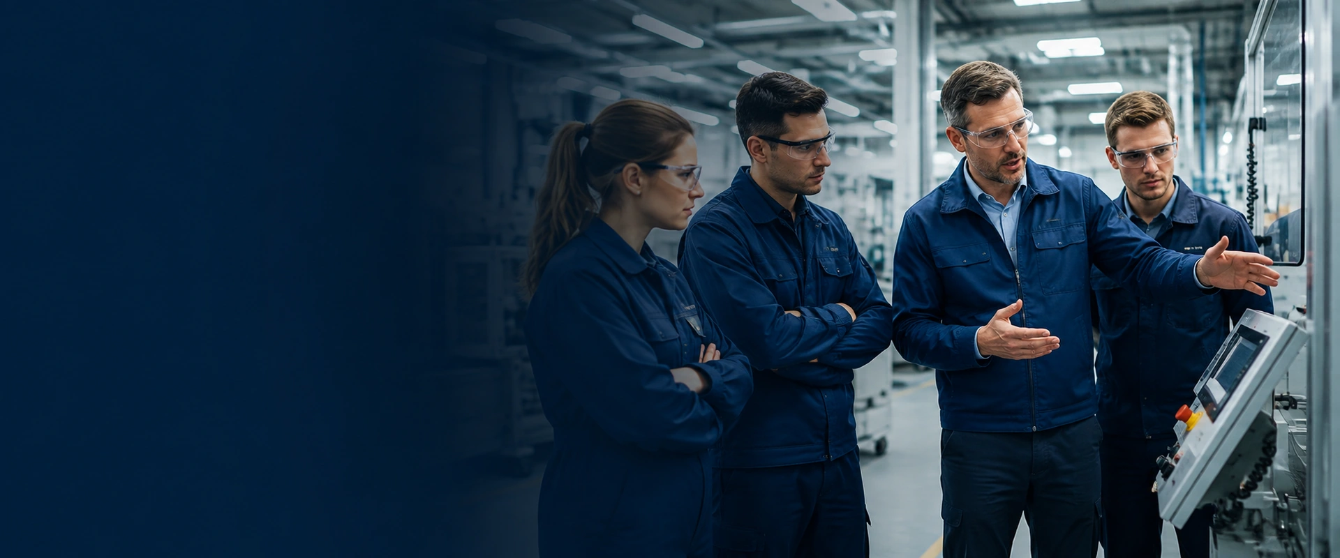Đội ngũ quản lý thảo luận kế hoạch sản xuất, bảo trì và cải tiến vận hành